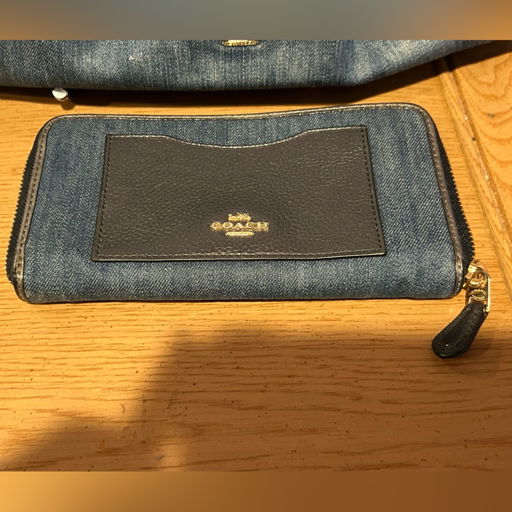 Coach Denim and dark blue leather zip around large Wallet
